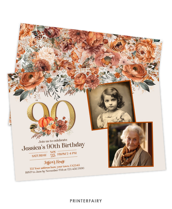 Floral Pumpkin 90 Years Birthday Invitation with Photo