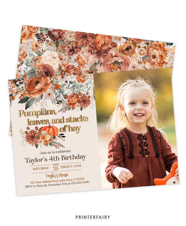 Floral Pumpkin Birthday Invitation with Photo