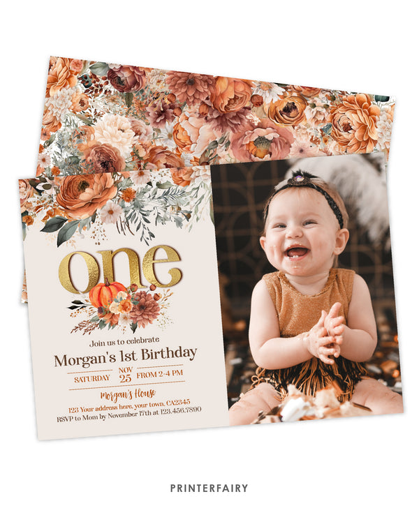 Floral Pumpkin First Birthday Invitation with Photo