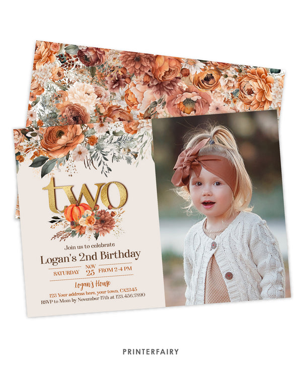 Floral Pumpkin Second Birthday Invitation with Photo