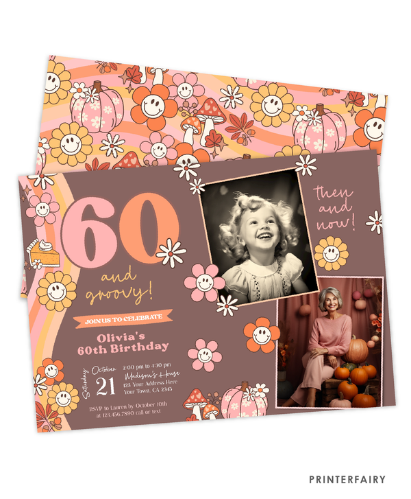 Groovy Pumpkin 60th Birthday Invitation with Photo