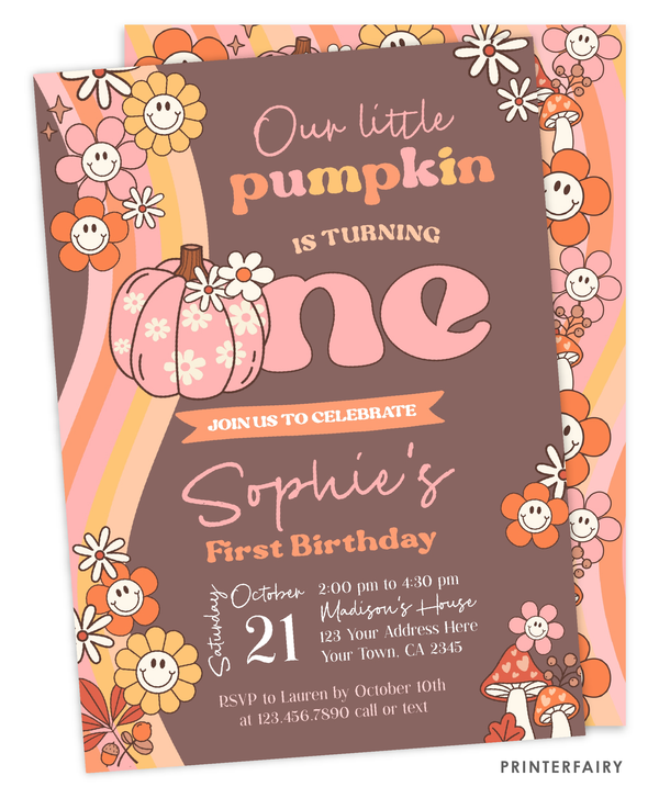 Groovy Pumpkin 1st Birthday Invitation