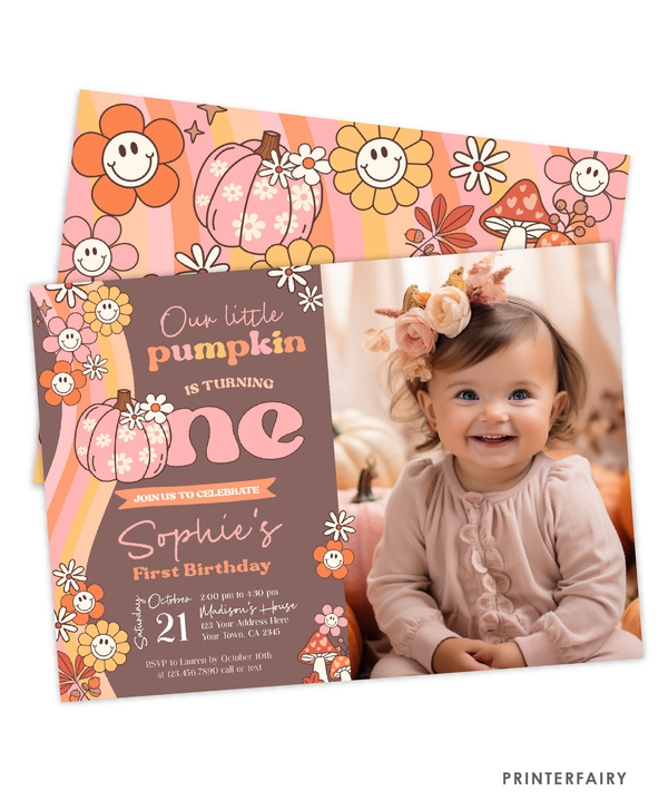 Groovy Pumpkin 1st Birthday Invitation with Photo