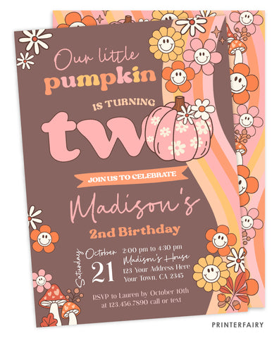 Groovy Pumpkin 2nd Birthday Invitation