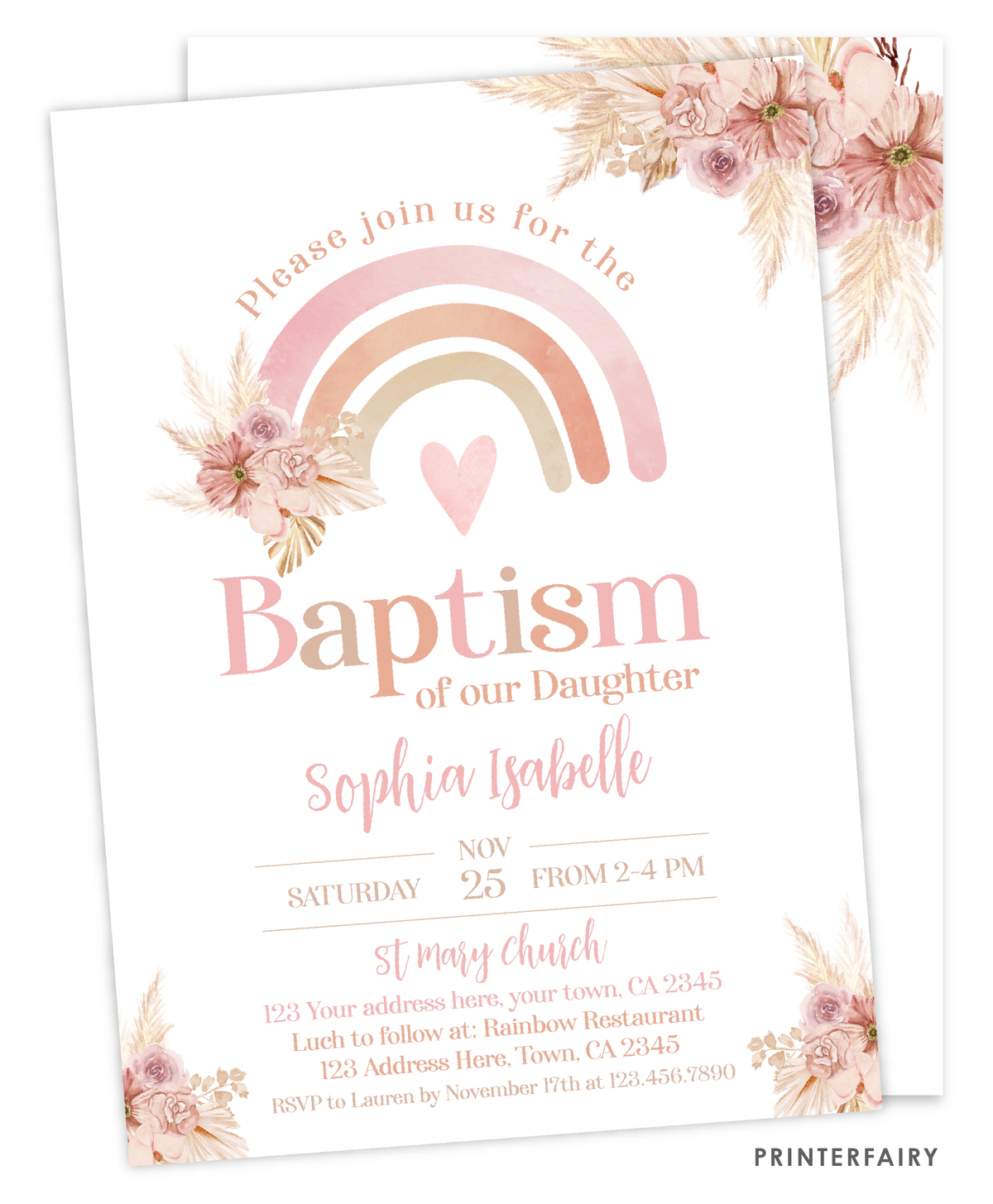 Boho Rainbow Baptism Invitation