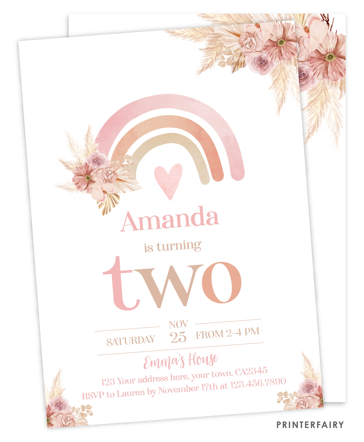 Boho Rainbow 2nd Birthday Invitation