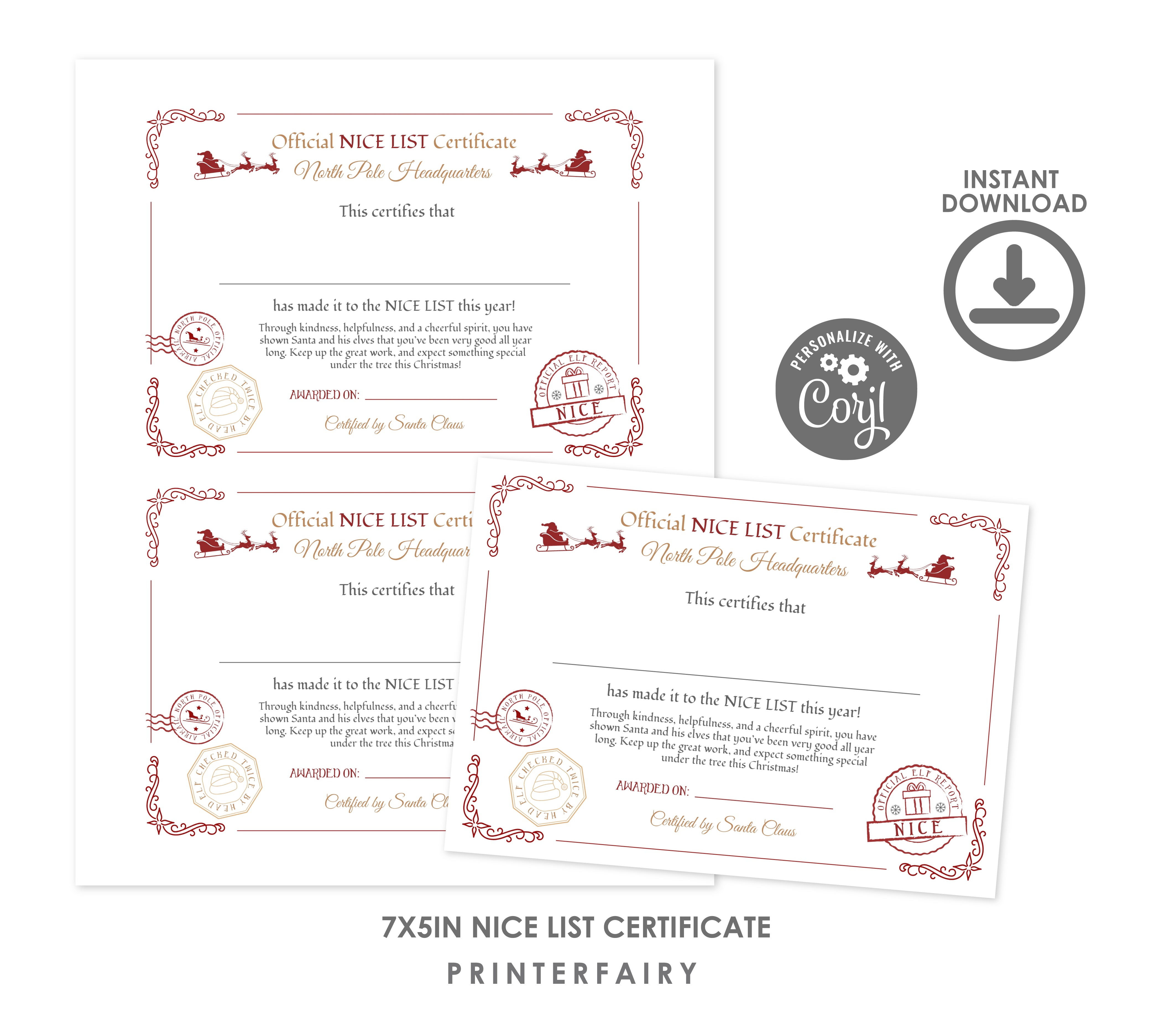 Nice List Certificate from Santa Claus Editable Template