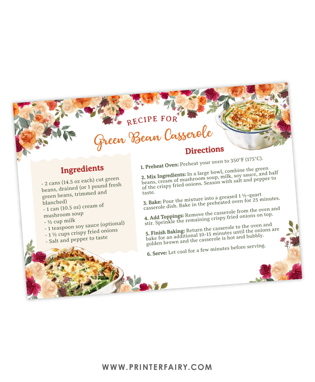 Thanksgiving Green Beans Casserole Recipe Card