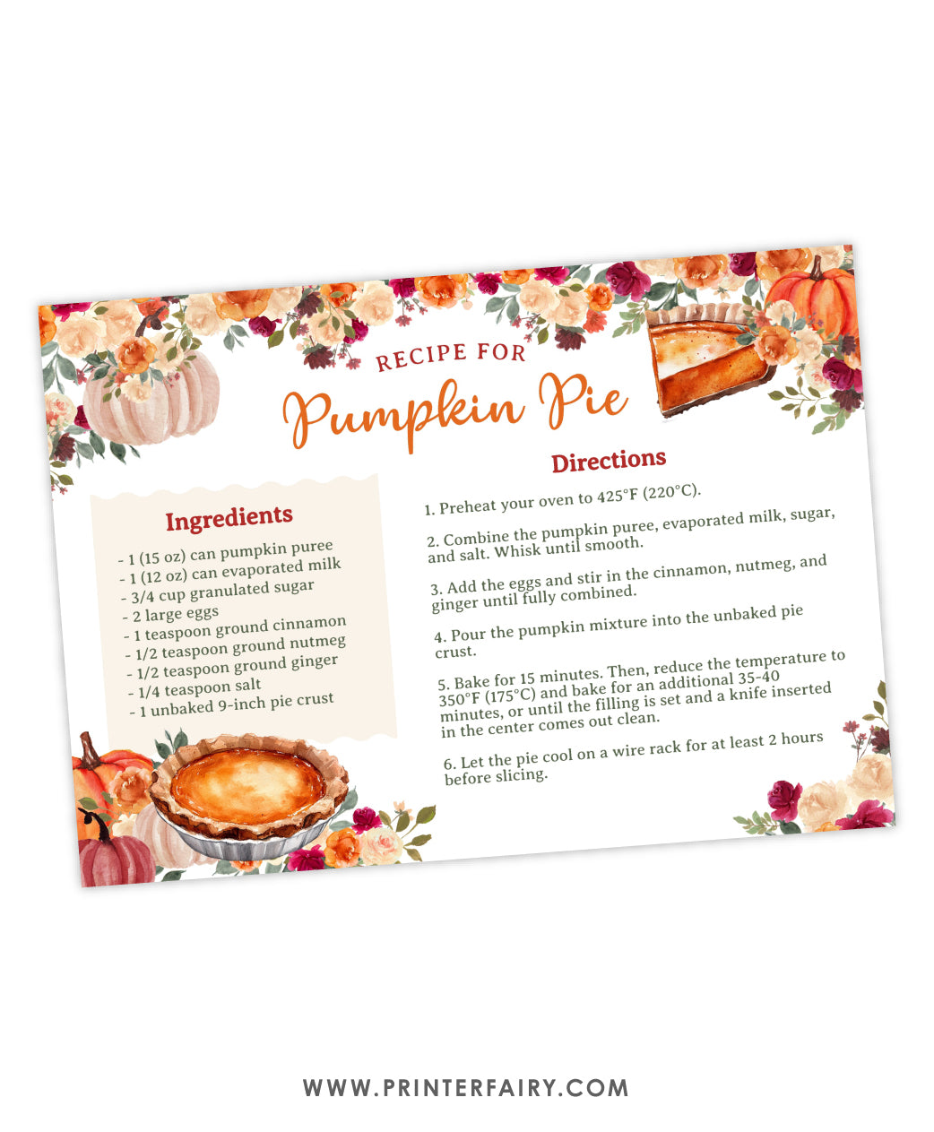 Thanksgiving Pumpkin Pie Recipe Card