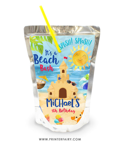 Sand Castle Birthday Party Drink Pouch Label