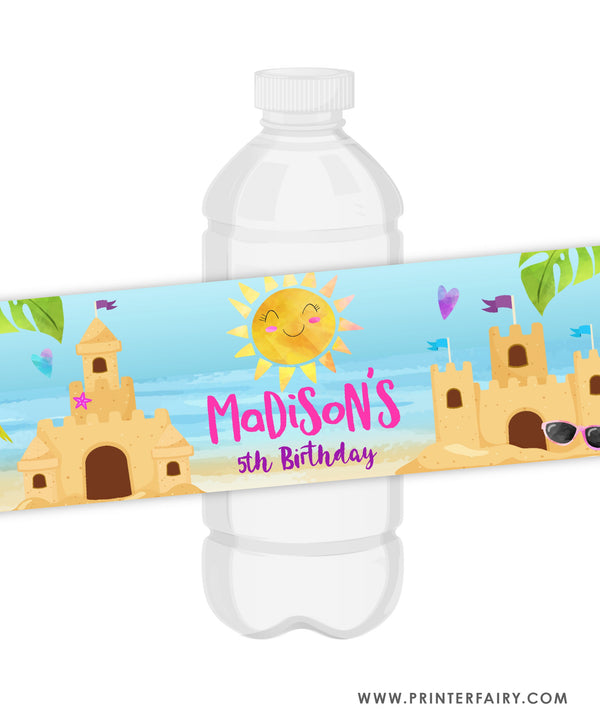 Sand Castle Birthday Party Water Bottle Label