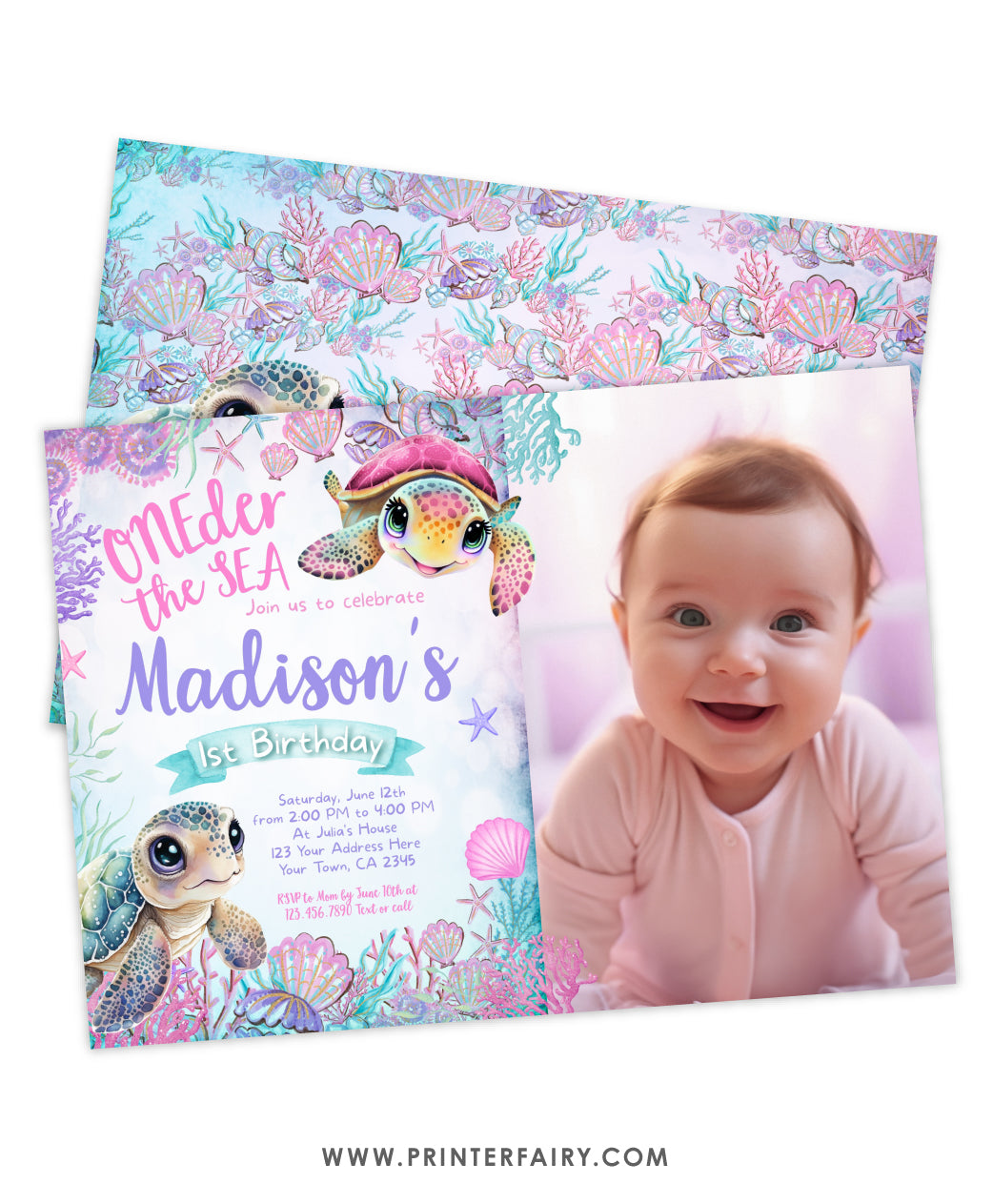 Sea Turtle 1st Birthday Invitation with Photo