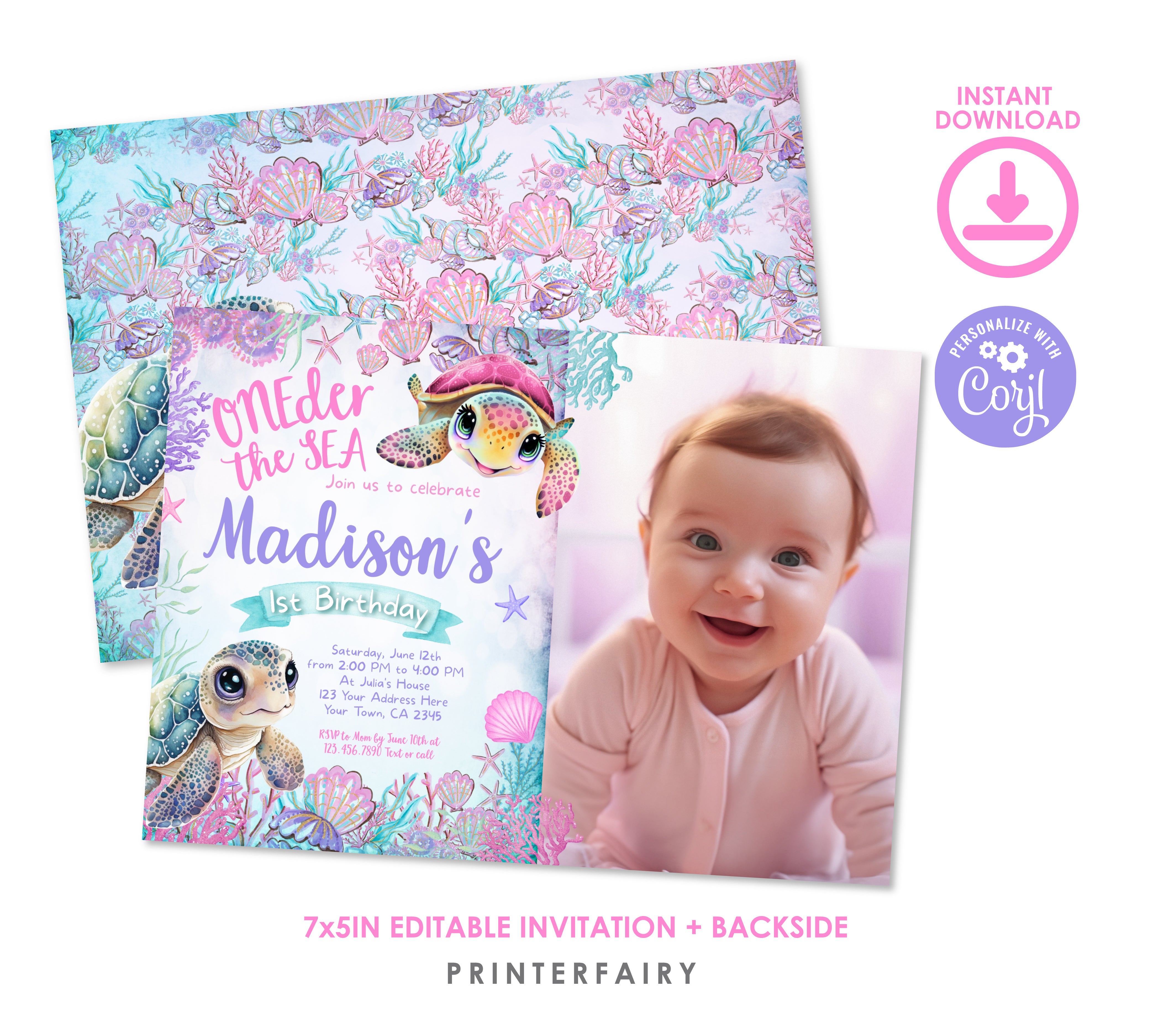 Sea Turtle 1st Birthday Invitation with Photo