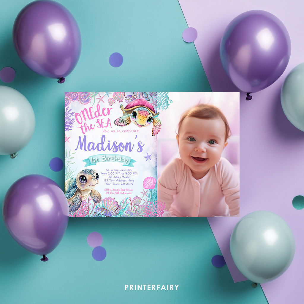 Sea Turtle 1st Birthday Invitation with Photo