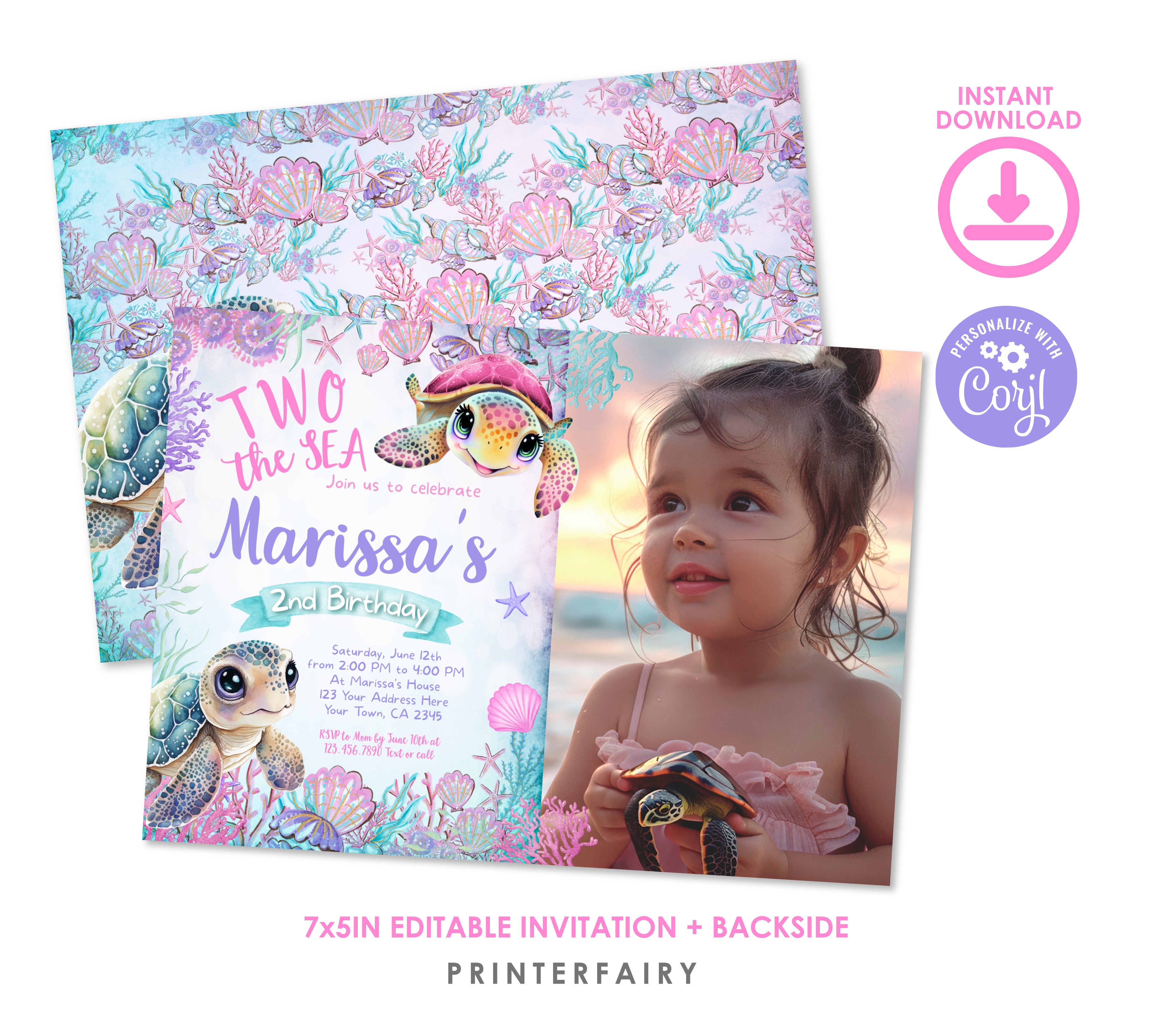 Sea Turtle 2nd Birthday Invitation with Photo