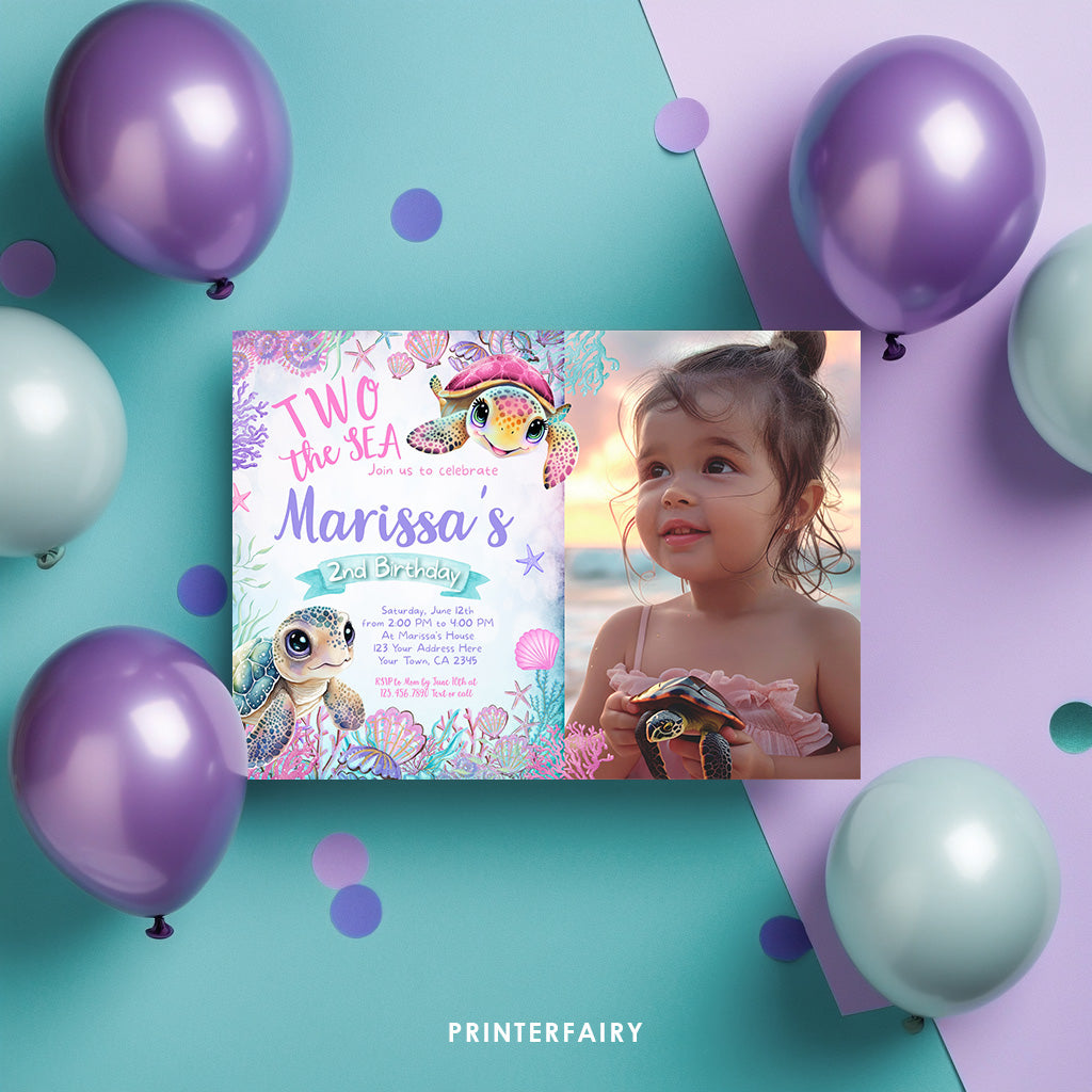 Sea Turtle 2nd Birthday Invitation with Photo