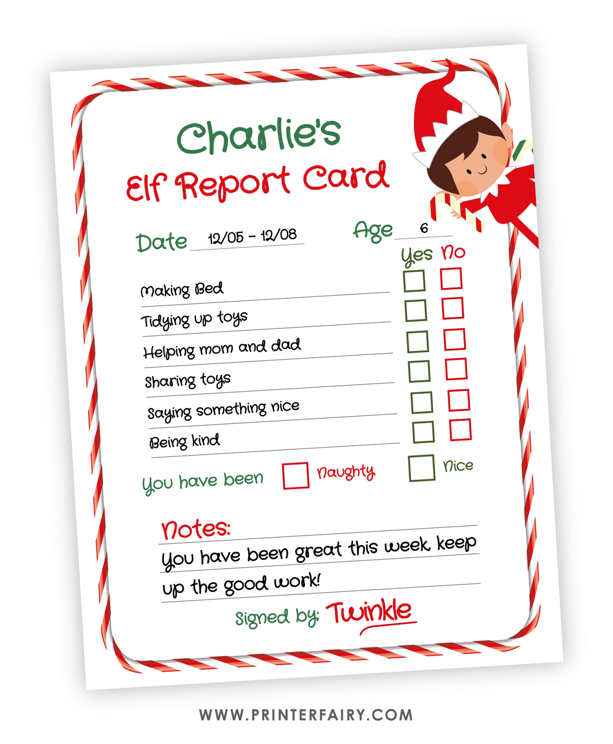 Christmas Elf Report Card