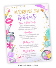 Spa Party Treatments Sign