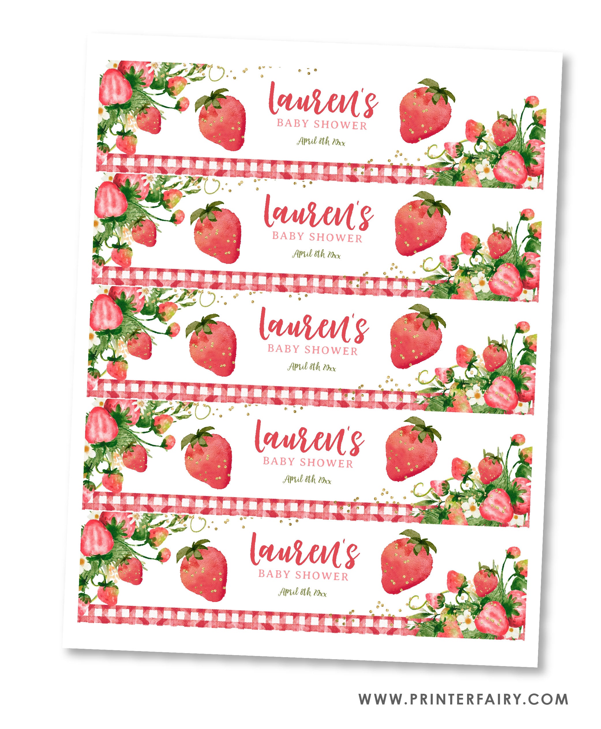 Strawberry Baby Shower Water Bottle Label