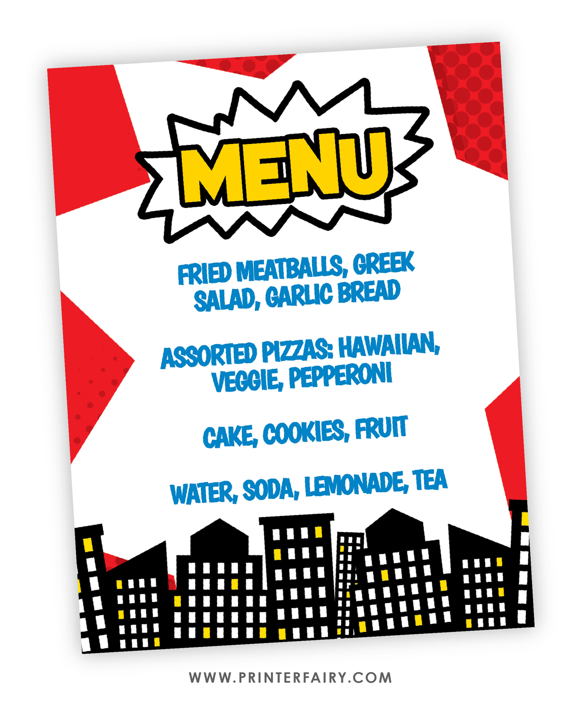 Superhero Birthday Party Menu