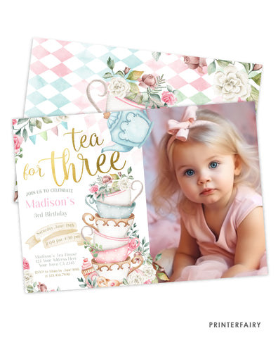 Tea for Three Birthday Party Invite with Photo