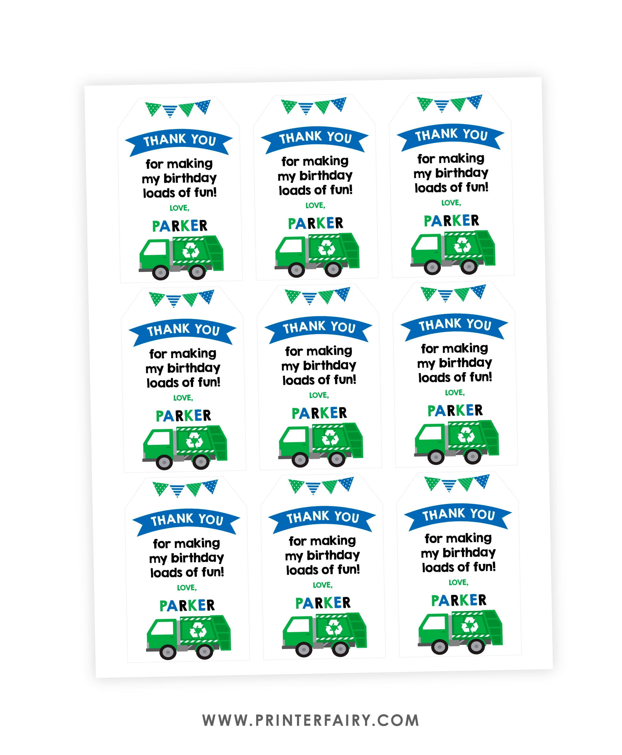 Trash Truck Birthday Party Favor Tag