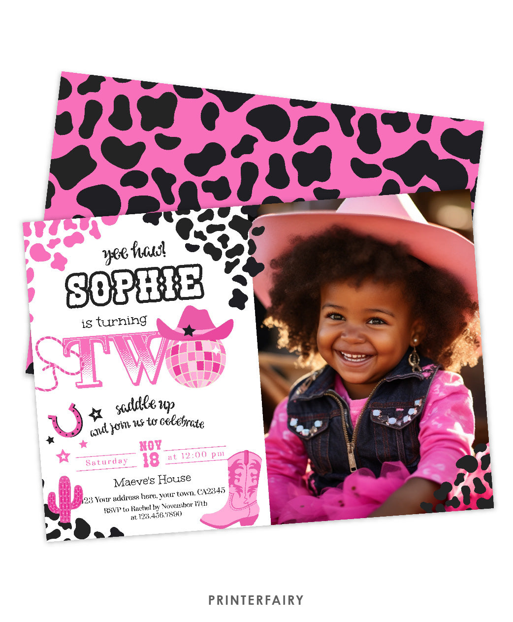 Disco Cowgirl 2nd Birthday Invitation with Photo