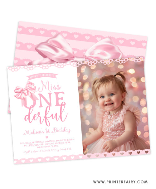 Coquette 1st Birthday Invitation with Photo