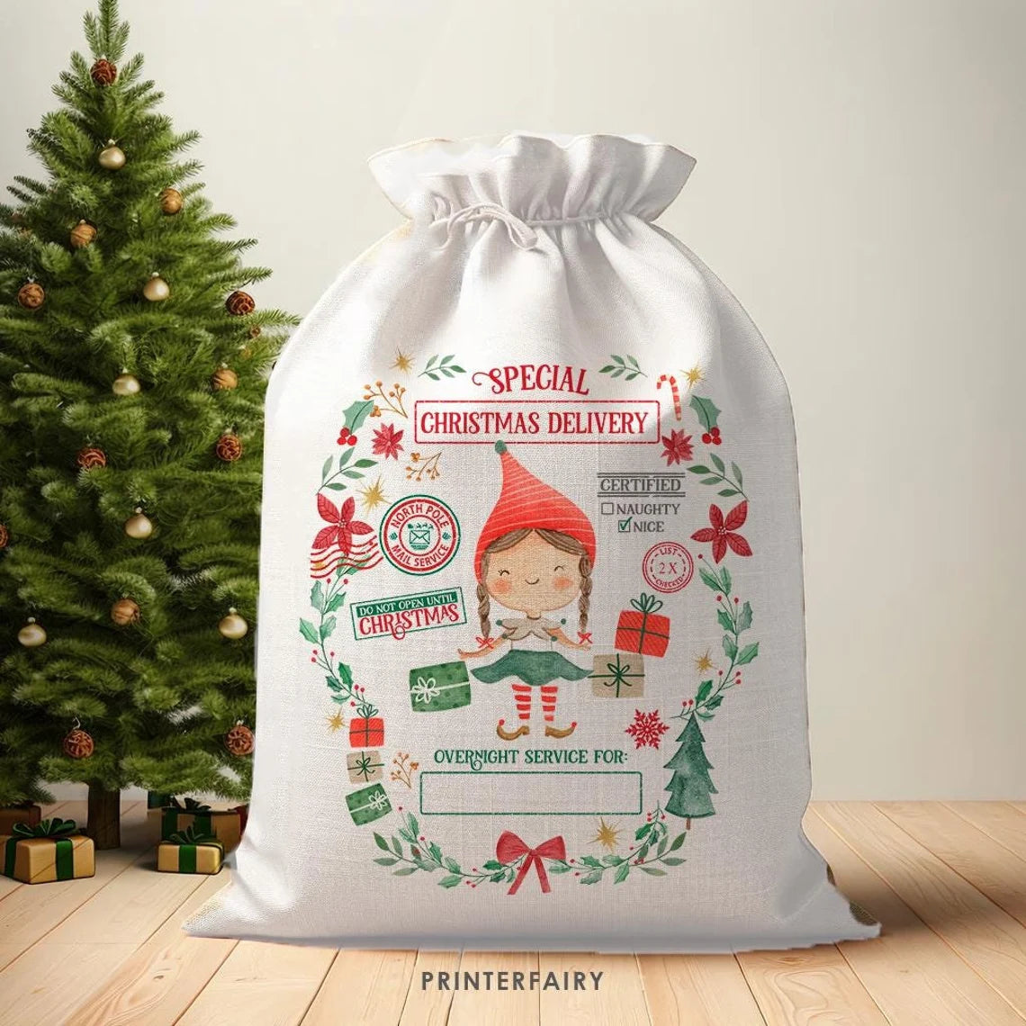 DIGITAL - Girl Elf Santa Sack Personalized Design