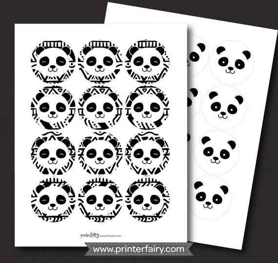 Panda Party Toppers or Stickers, Black and White INSTANT DOWNLOAD