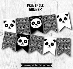 Panda Party Printable Banner, Black and White Decor, InsDownload)