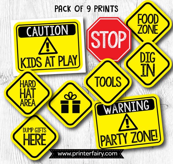 Construction Birthday Party Props, Set of 9 signs (Digital Download)