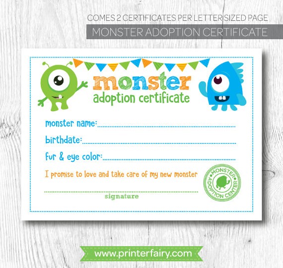 Little Monster Party Adoption Sign & Certificate Ready to Print, INSTANT DOWNLOAD