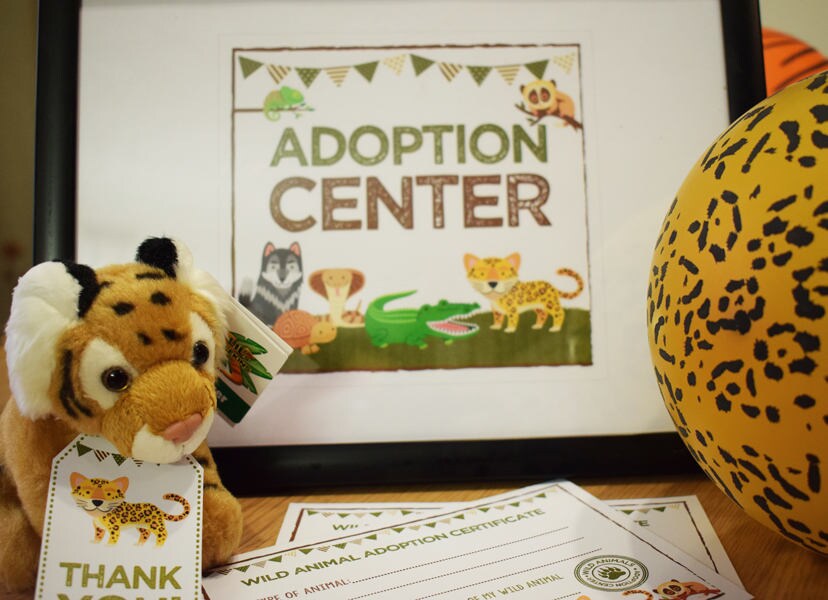 Wild Animal Pet Adoption Party Sign and Certificate, Reaty to print INSTANT DOWNLOAD