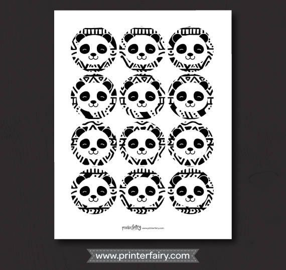 Panda Party Toppers or Stickers, Black and White INSTANT DOWNLOAD