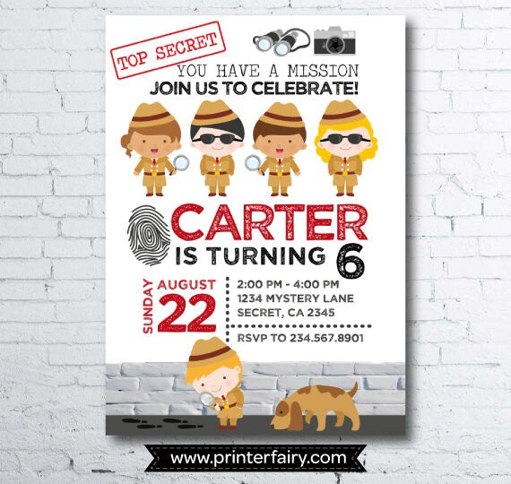 Detective Birthday Invitation, Spy Party, Secret Agent (Digital)
