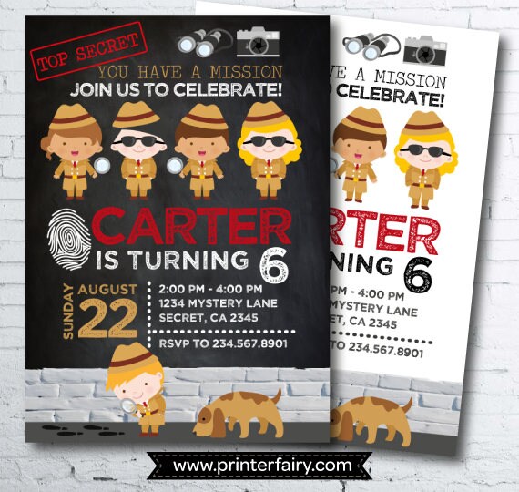 Detective Birthday Invitation, Spy Party, Secret Agent (Digital)
