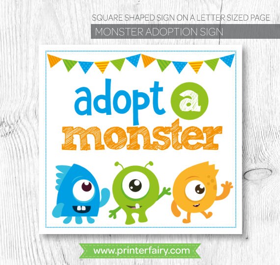 Little Monster Party Adoption Sign & Certificate Ready to Print, INSTANT DOWNLOAD