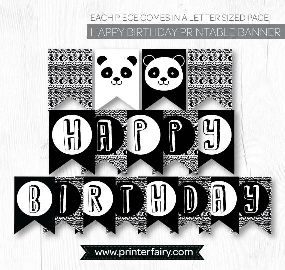 Panda Happy Birthday Banner, Black and White Party Decor, INSTANT DOWNLOAD and print