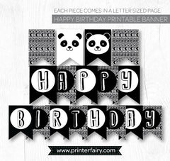 Panda Happy Birthday Banner, Black and White Party Decor, INSTANT DOWNLOAD and print