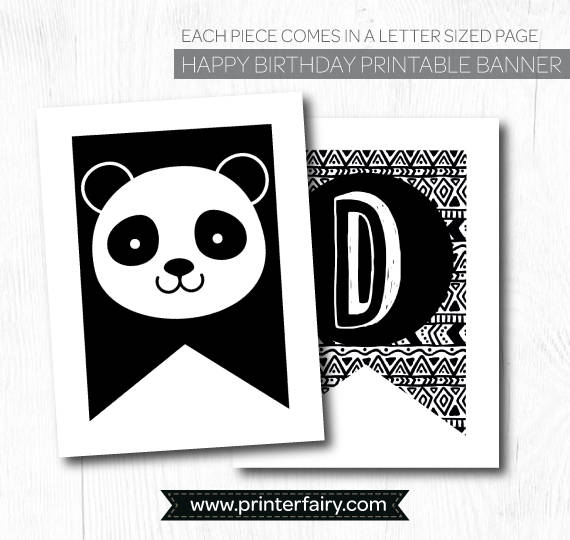 Panda Happy Birthday Banner, Black and White Party Decor, INSTANT DOWNLOAD and print
