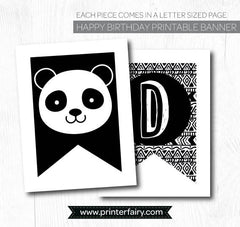 Panda Happy Birthday Banner, Black and White Party Decor, INSTANT DOWNLOAD and print