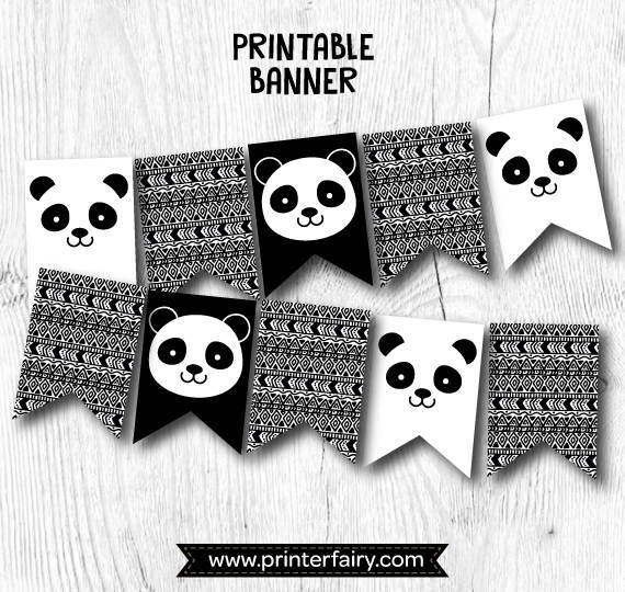 Panda Happy Birthday Banner, Black and White Party Decor, INSTANT DOWNLOAD and print