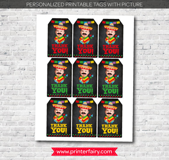 Personalized Fiesta Thank You Tags, Baby Photo, 1st Birthday (Digital)