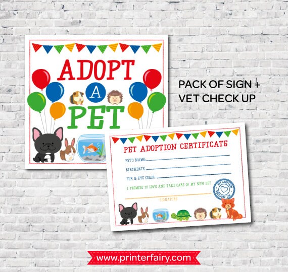 Pet Adoption Center Sign and Certificate (Digital Download)
