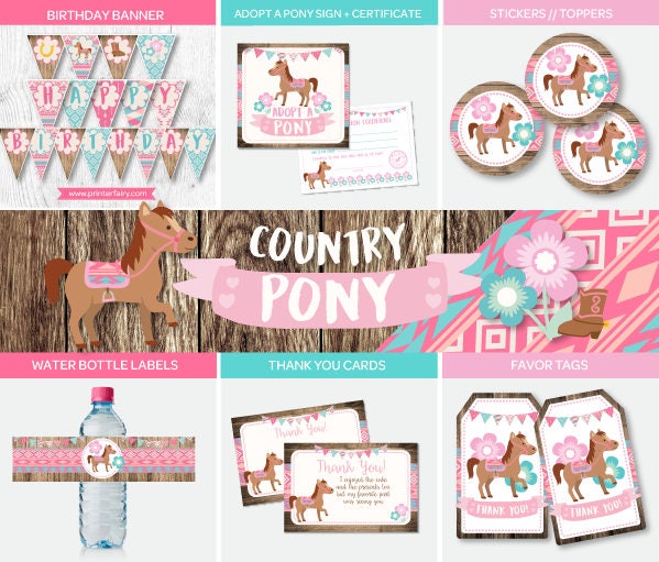 Pony Birthday Party Package, Country Theme (Instant Download)