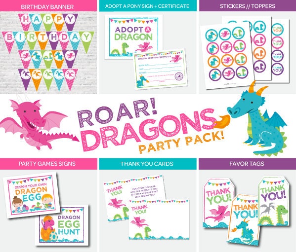Dragon Girl Birthday Party, Printable Package (Instant Download)