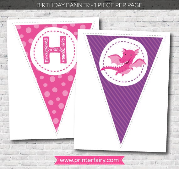 Dragon Girl Birthday Printable Bunting Banner Decorations, Instant Download