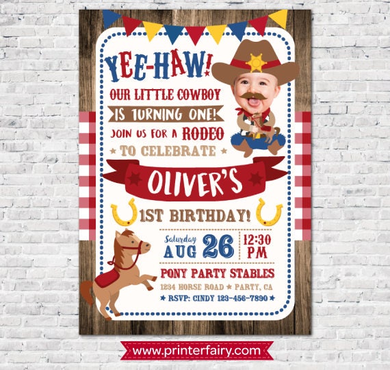 Cowboy First Birthday Invitation, Boy Rodeo, Photo (Digital)