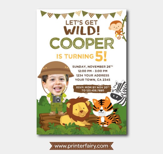 Safari Birthday Invitation with Photo, Jungle Animals (Digital)
